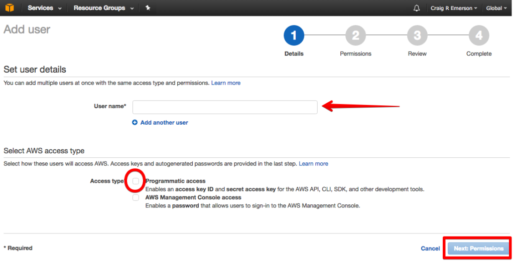 aws management console add user